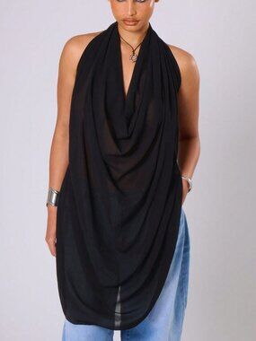 Black Elegant Women's Plus Size Chiffon Cowl Neck Backless Top